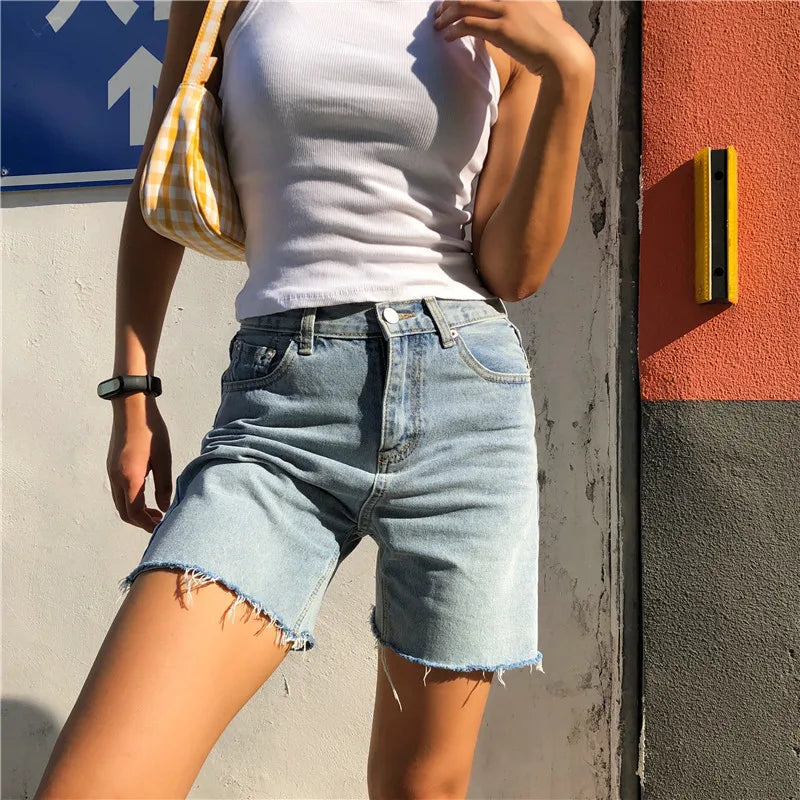GR | Frauen Hohe Taille Breite Bein Denim Shorts Mädchen Sommer Mode Streetwear Lässig Einfarbig Weibliche Lockere Stretch Jeans