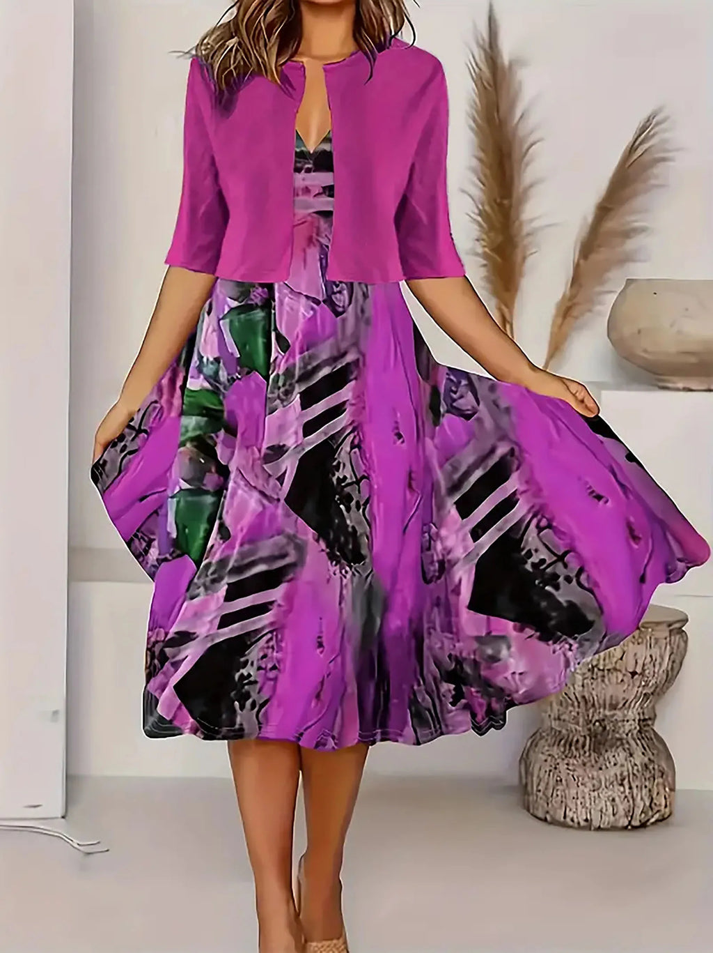 GR | New for summer! EU US Autumn Women's 2 Long Dress Set Floral and Grass Dot Crew Neck Dress with Chiffon Short Jacket