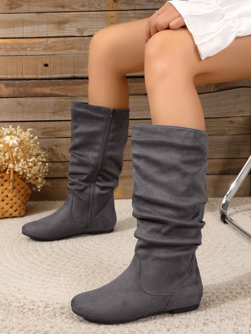 GR | Women's Suede Boots with Side Zipper, Calf-Length, Spring Collection