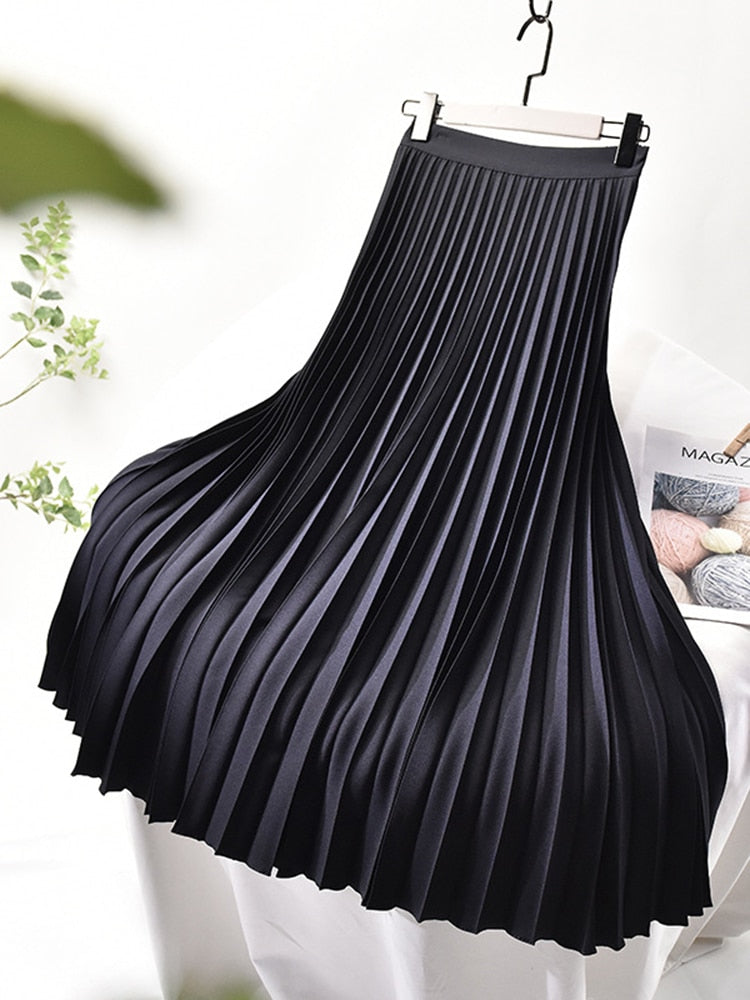 GR Designer Women's Elegant Chic Solid Pleated Skirt High Waist Luxury Fashion