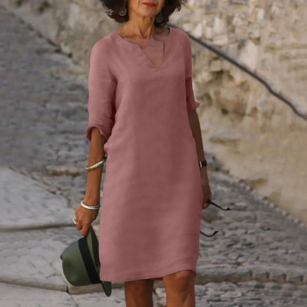 GR | Women's Cotton Linen V-Neck Dress with Half Sleeves