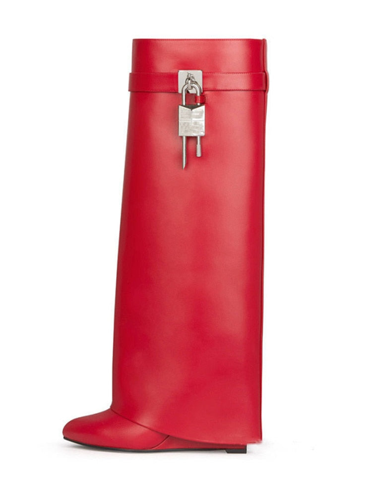 GR | Women's Knee-High Boots Shark Lock Long Thick Soles High Heels Boots Designer Luxury Brand Women's Leather Boots