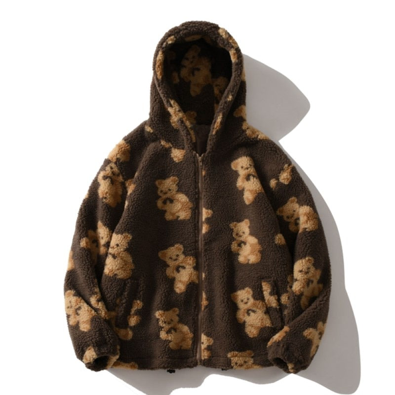 GR Harajuku Bear Teddy Print Plush Jacket Fluffy Hooded Outerwear