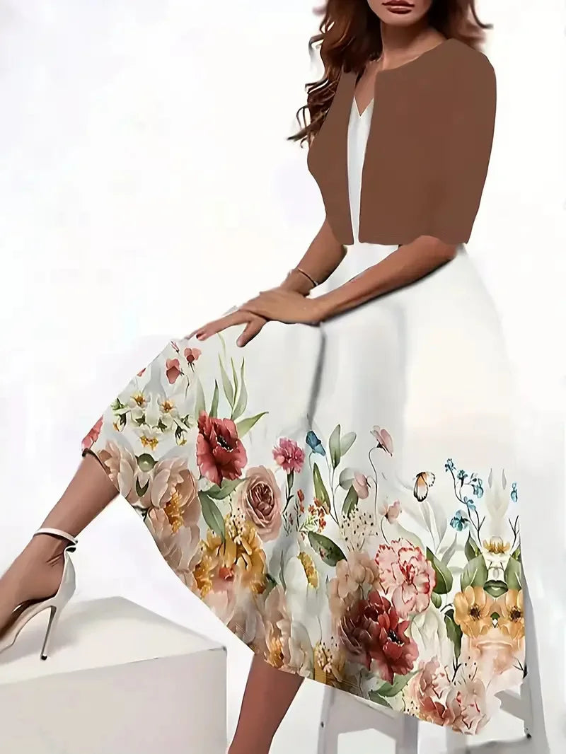 GR | New for summer! EU US Autumn Women's 2 Long Dress Set Floral and Grass Dot Crew Neck Dress with Chiffon Short Jacket