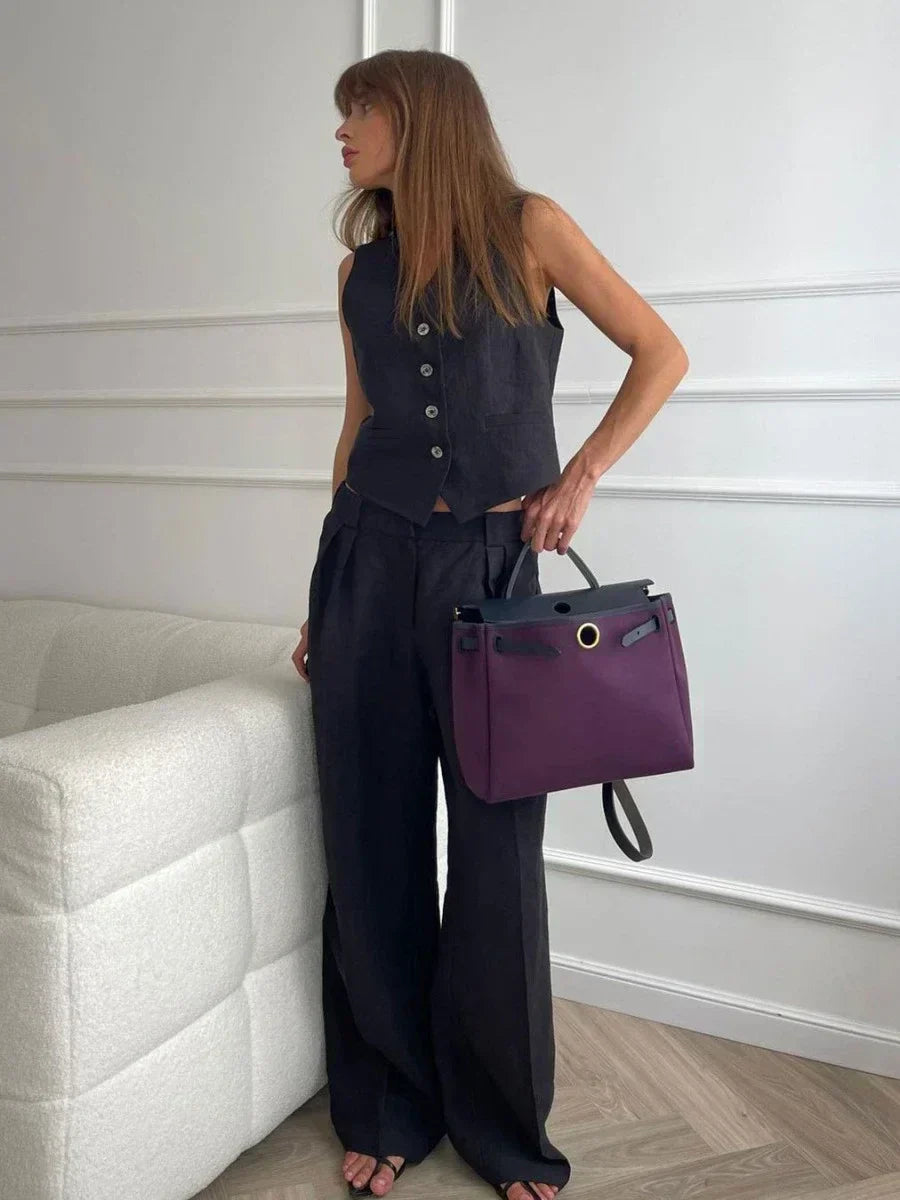 GR | Wool Feeling Women's Linen Cotton Chic Vest & Trousers Set Two-Piece Set Office Women's Summer Chic 2-Piece Set Women's Outfits