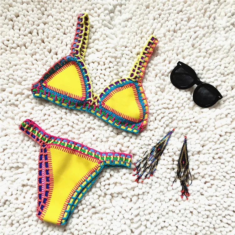 GR | Knitted 2-Piece Bikini Swimsuit for Women, Summer Beach Holiday Swimwear, Sexy Triangle Cup V-Neck Strappy Swimwear