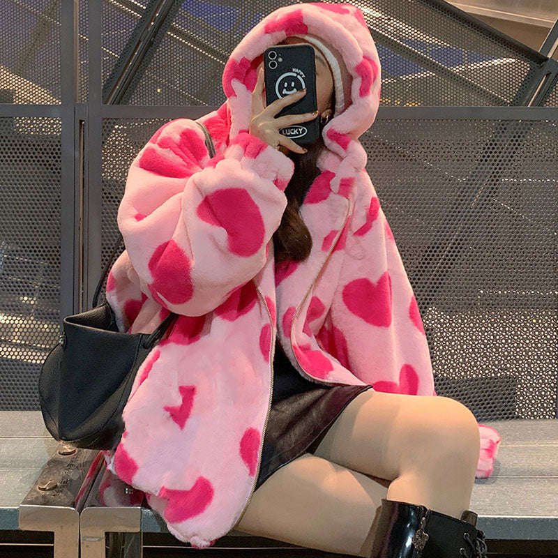 GR Harajuku Bear Teddy Print Plush Jacket Fluffy Hooded Outerwear