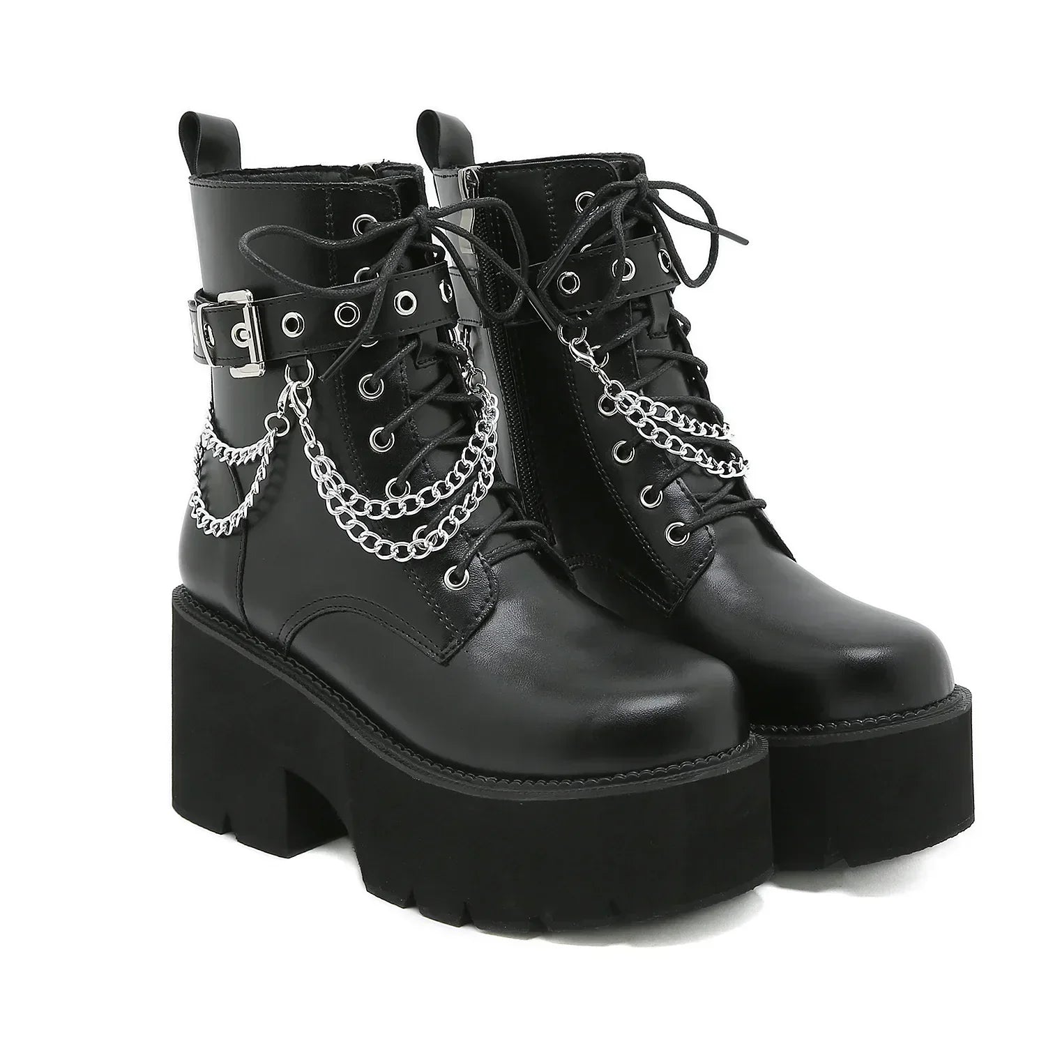 GR | Women's Platform Shoes Black Gothic Buckle PU Leather Creeper Punk Shoes Female Black Ankle Boots Short Combat Boots for Women