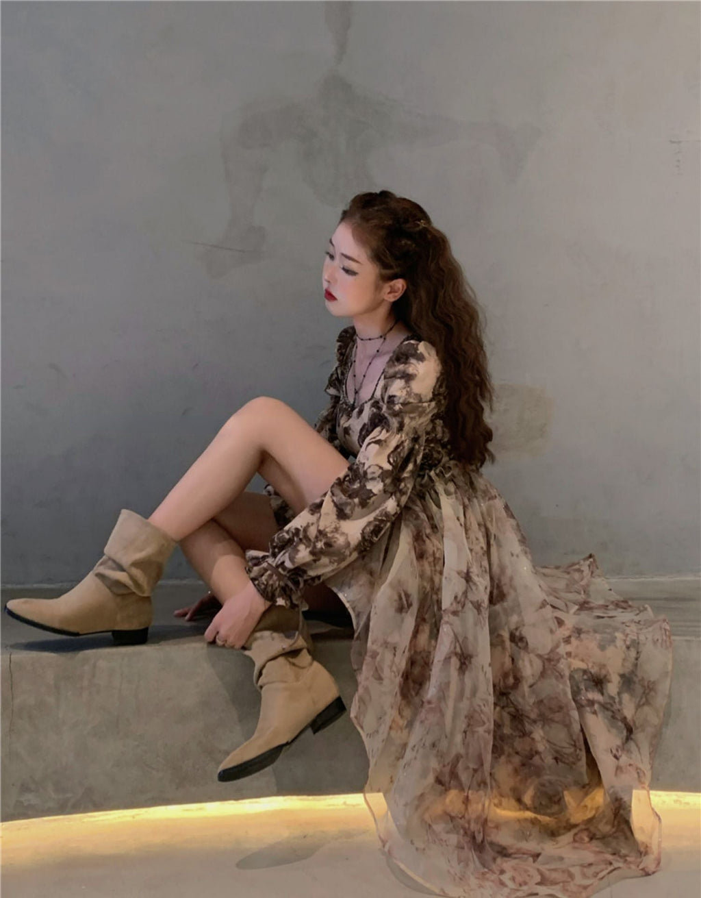 GR | Floral Fairy Princess Dress with Detachable High-Low Skirt Layer 