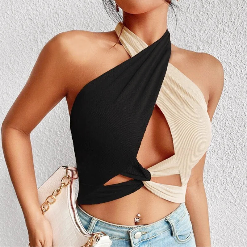 GR | Women's Summer Tank Tops Sexy Patchwork Cross Halterneck Strap Hole Crop Tops High Street Wear New Fashion