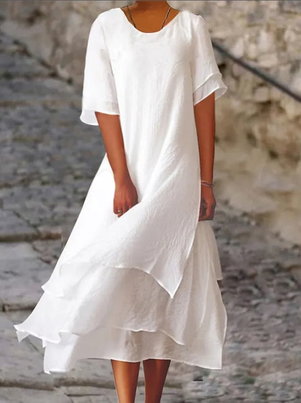 GR | Double-layered slit short-sleeved dress with round neckline