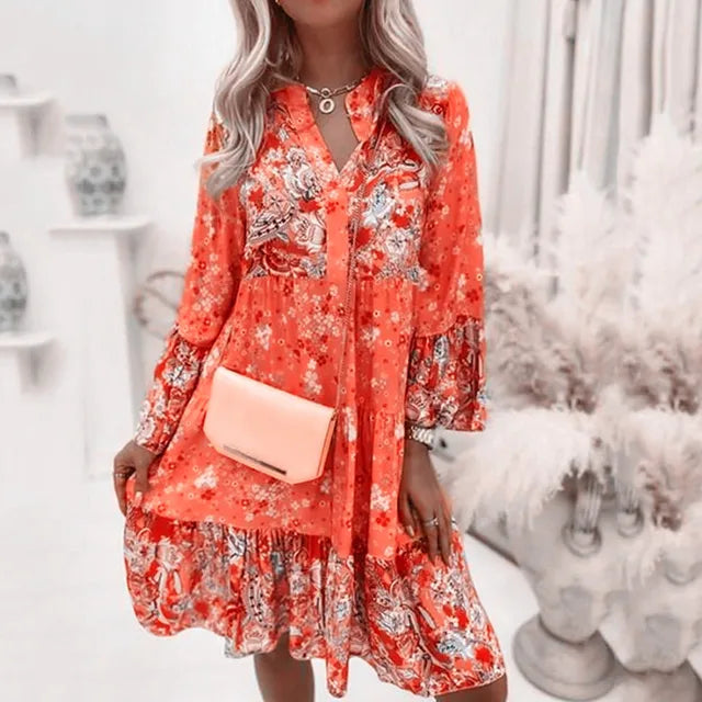 GR | Bohemian floral long-sleeved dress for women