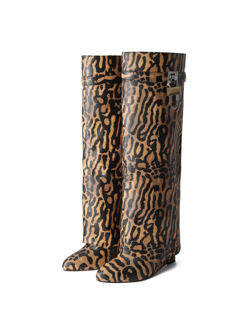 GR | Women's Knee-High Boots Shark Lock Long Thick Soles High Heels Boots Designer Luxury Brand Women's Leather Boots