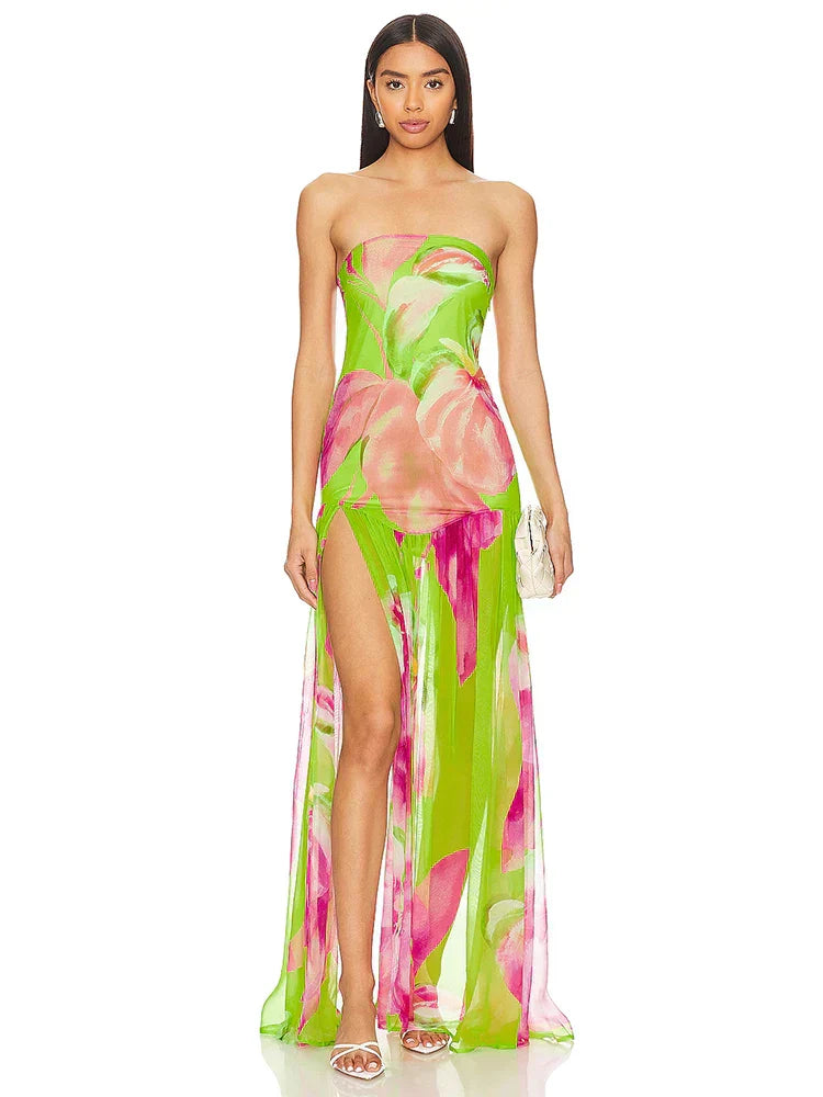 GR | New Summer Print Strapless Mesh Patchwork Slit Long Dress Women Sexy Sleeveless Printed Colorful Holiday Maxi Dress Party