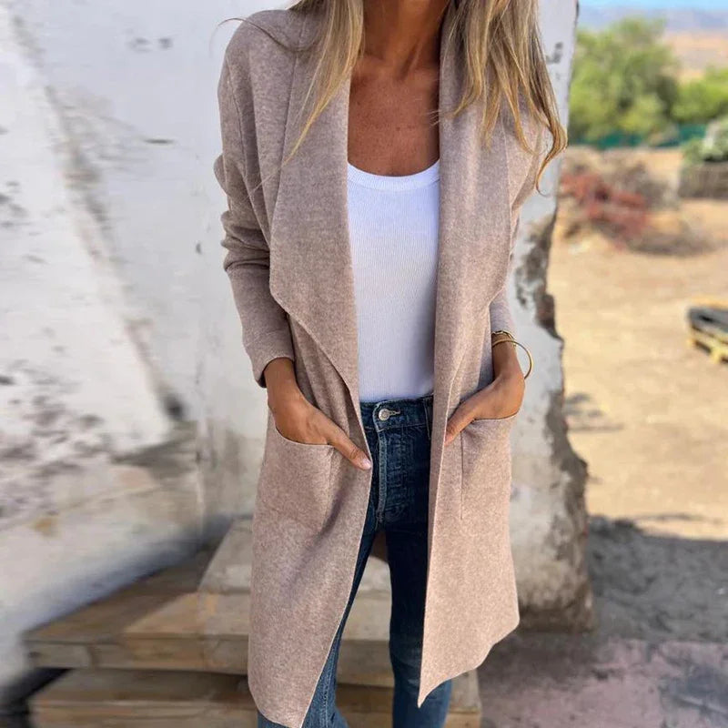 GR | Einfarbiger Mid-Length Cardigan Mantel