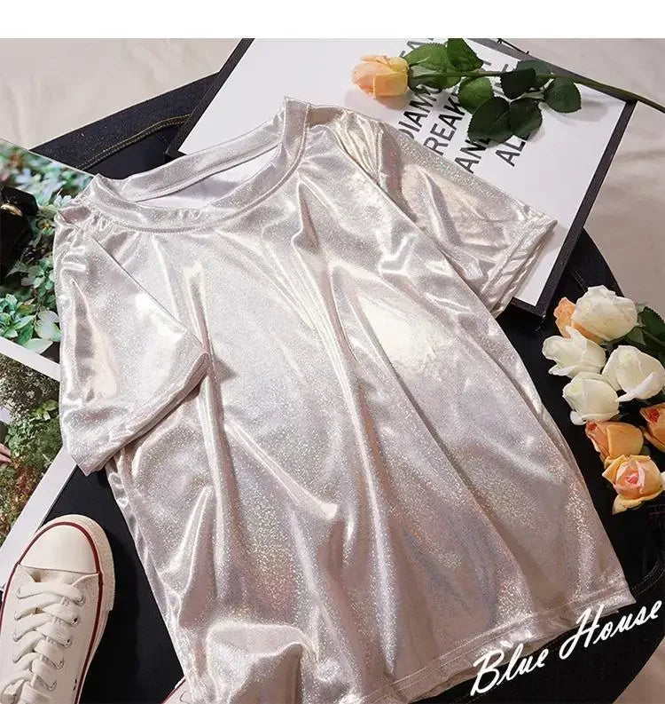 GR | S 5Xl Damen Funkelnd Shiny Metallisch Holografisch Rundhals Kurzarm Lässig Lose Top Festival Party T-Shirt Damenbekleidung