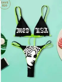 GR | Sexy Goth Bikini Women's Letter Skull Print Swimsuit Split Swimsuit High Waist Gothic Bikini Set Beach Outfits