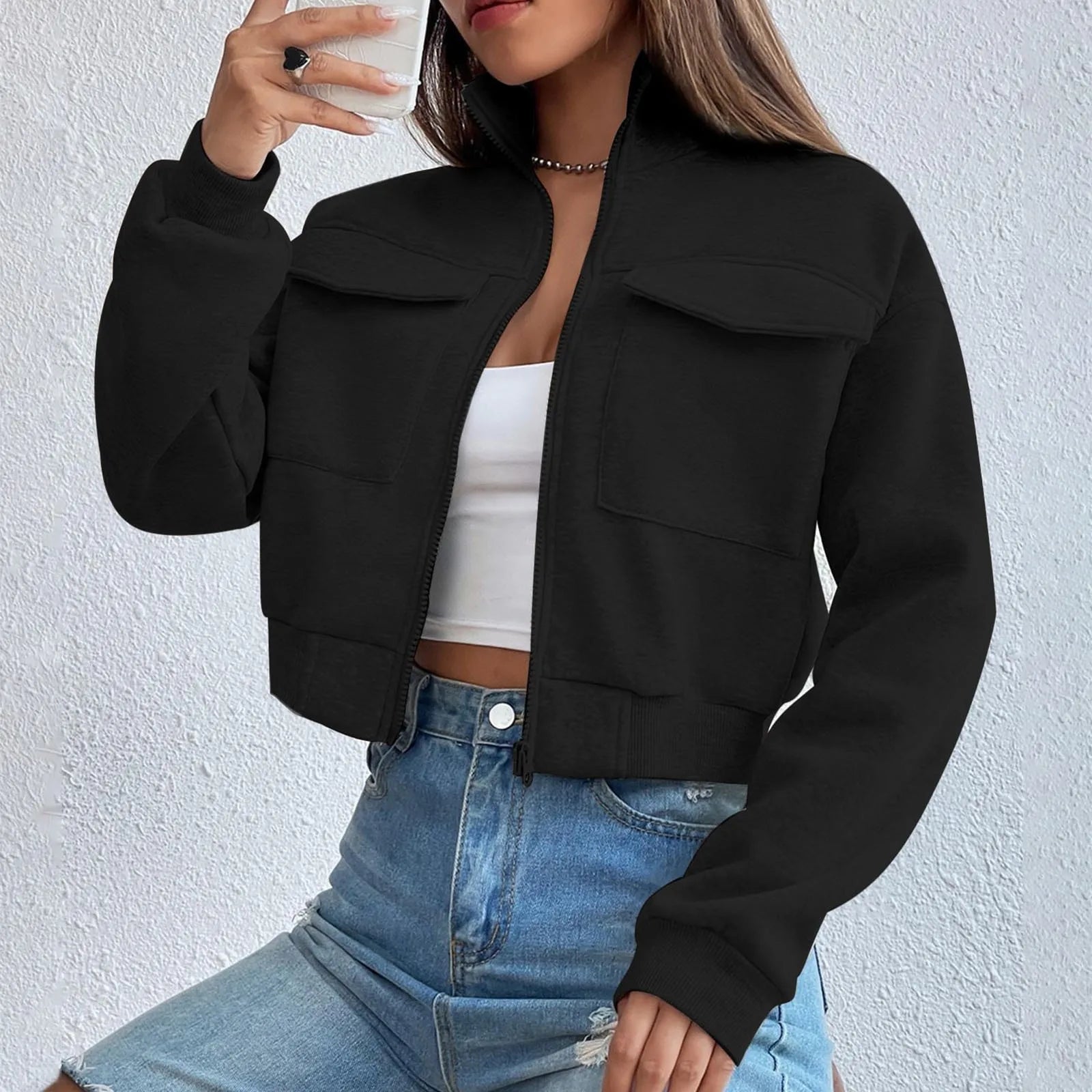 GR | Comfortable long-sleeved cropped jacket with pockets