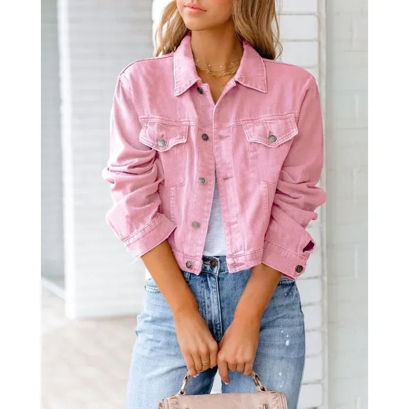 GR | Short pocket jacket Fashion Streetwear Simple button trendy women's denim jackets Long sleeves Autumn New Denim Denim jackets