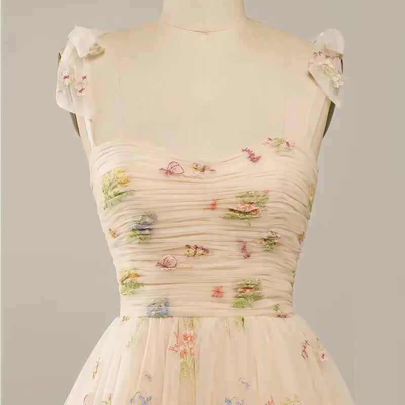 GR | Fairy Forest Green Short Prom Dresses Spaghetti Straps Colorful Floral Lace Evening Celebration