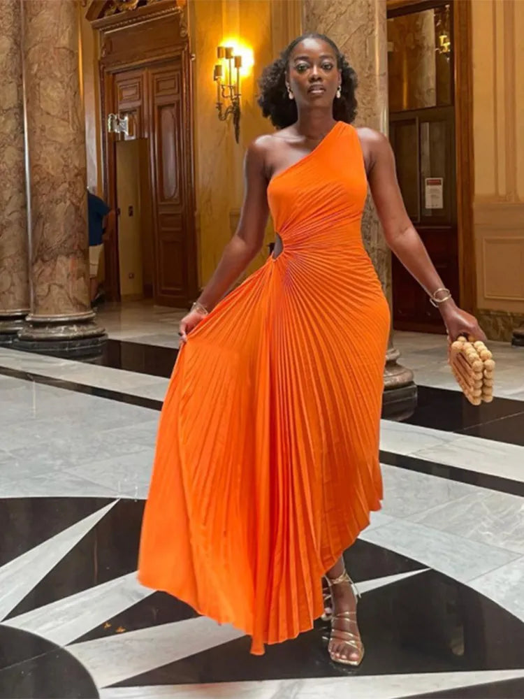 GR - Evening dress with ruffles and leather trim for women