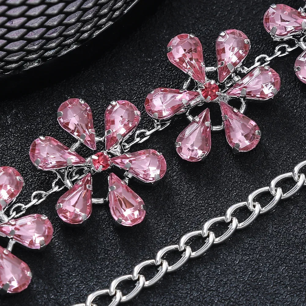 GR | Fashion Pink Crystal Flowers Choker Necklace Statement Accessories Fashion Women's Rhinestone Collar Necklace Clavicle Jewelry Ins