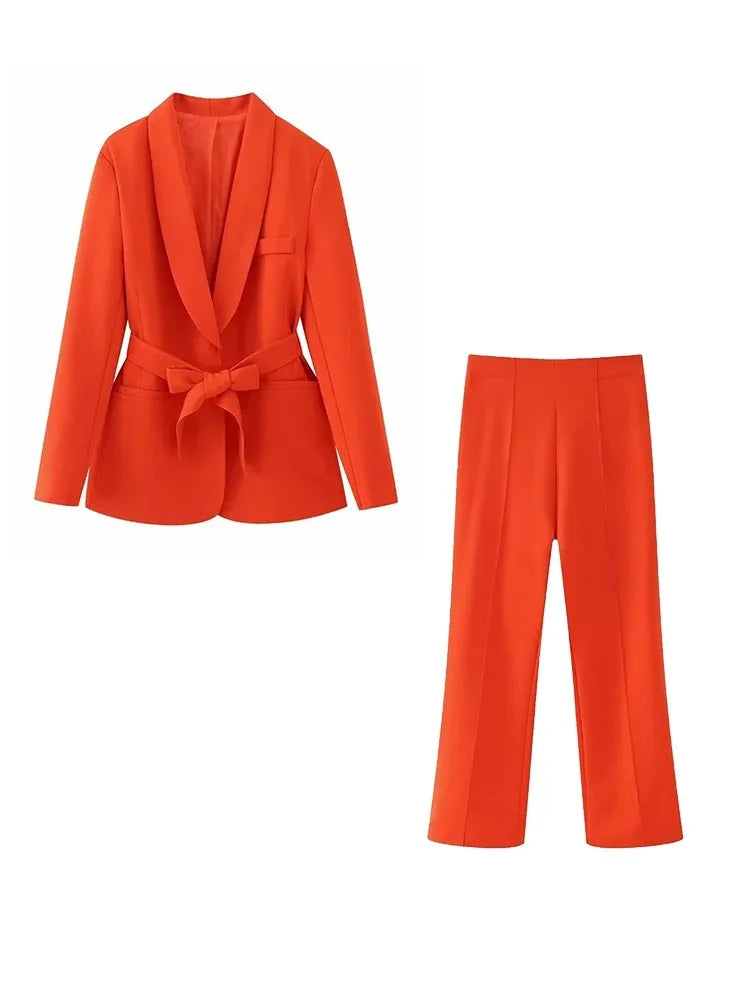 GR | Women's Casual Blazer, Chic Outerwear, Elegant Flared Trousers, Long Sleeve, V-neck, Belt, Office Commuter Suit Set