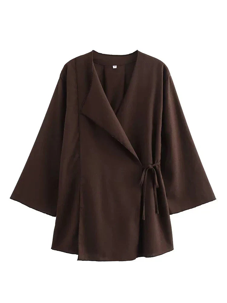 GR | Fashion Linen 2-Piece Women's Spring Summer Kimono Style Loose Lace-Up Shirts Tops Women's Wide Leg Trousers Set