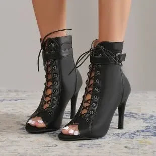 GR | Sandals Cave Mesh Heels Belt Buckle Women's Summer Beige Lace-up Sexy Open Toe Stiletto Jazz Dance Party Women's Shoes