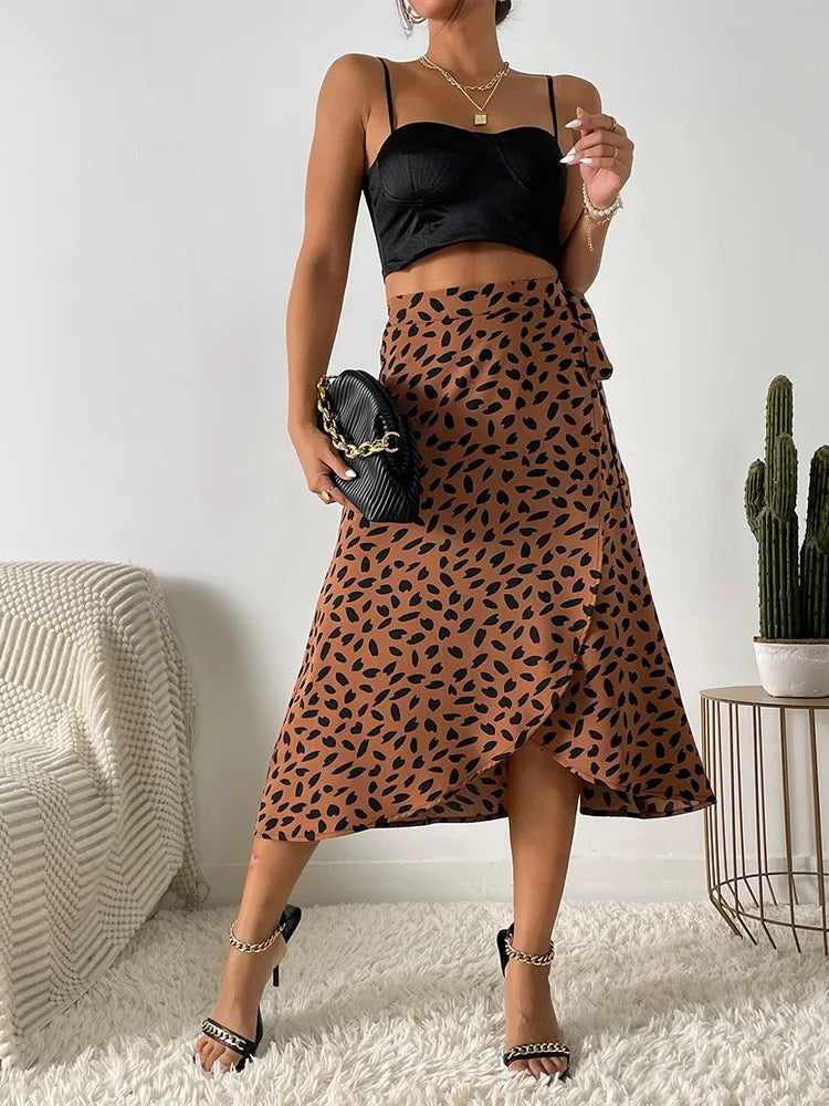 GR Asymmetrischer Rock | Moderner bedruckter A-Linien-Rock mit Bindeseite und hoher Taille für Damen