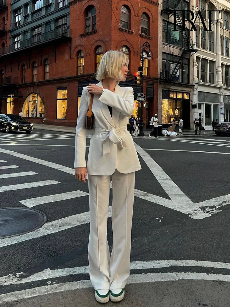 GR | Women's Casual Blazer, Chic Outerwear, Elegant Flared Trousers, Long Sleeve, V-neck, Belt, Office Commuter Suit Set