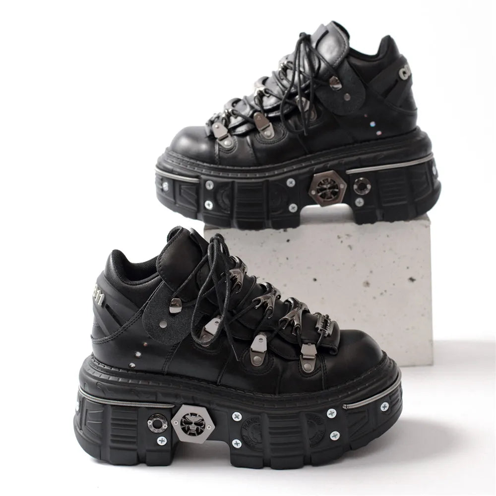 GR | Women's Ankle Boots for Women, Thick Sole, Laces, Metal Decoration, Round Toe Platform Shoes, Ladeis Punk Gothic Sneakers