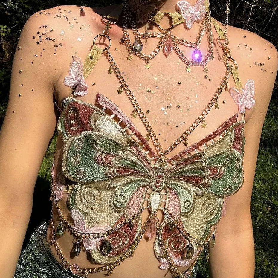 GR | Embroidered Y2k Butterfly Crop Top