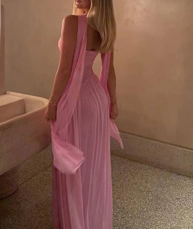 GR | Patchwork Maxi Dress Scarf Backless Strapless Ruffled Banquet