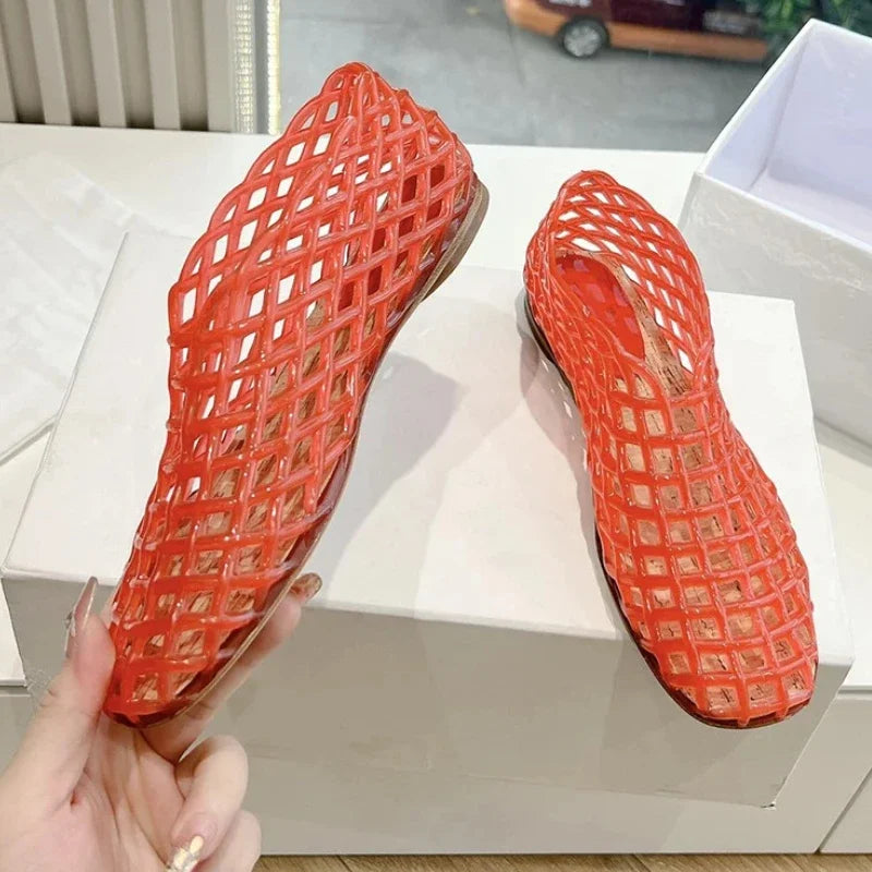 GR | Summer Jelly Shoes Women's Fashion Transparent Mesh Hollow Out Beach Shoes Ladies Flat Sandals Coloured Round Toe Jelly Sandals