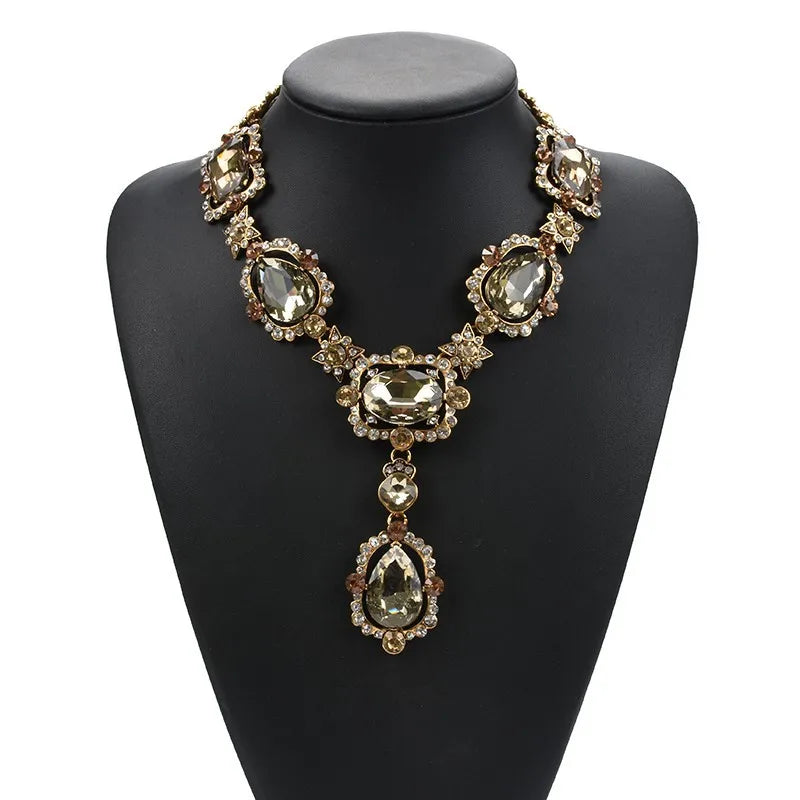 GR | Statement Rhinestones Jewelry Large Gemstone Gem Stone Crystal Victorian Jewelry Green Emerald Bib Necklace for Women