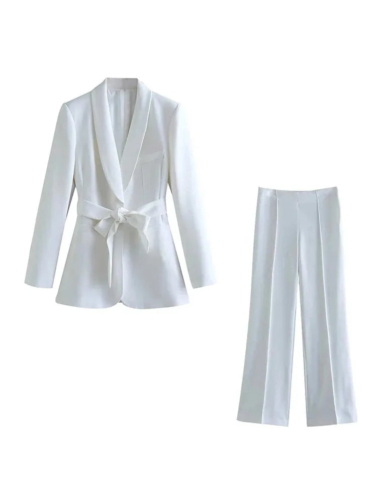GR | Women's Casual Blazer, Chic Outerwear, Elegant Flared Trousers, Long Sleeve, V-neck, Belt, Office Commuter Suit Set
