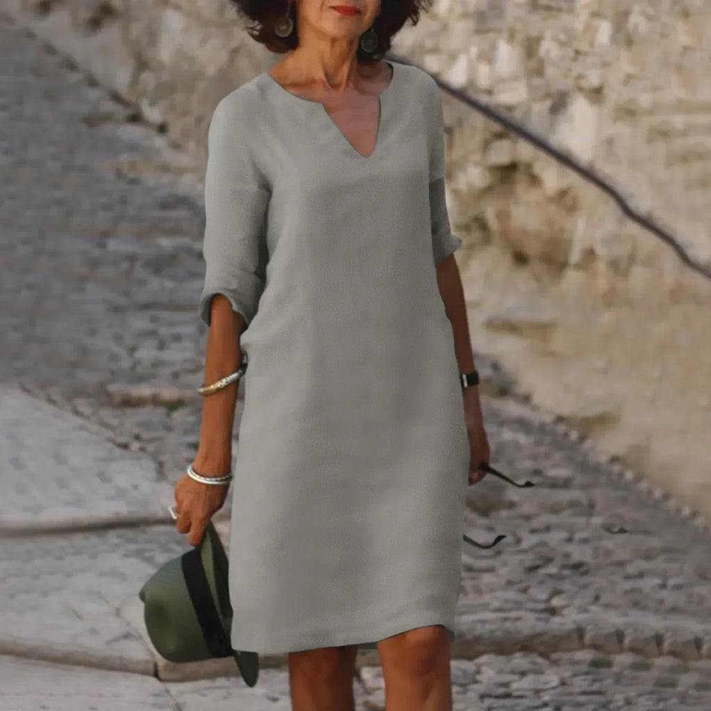 GR | Women's Cotton Linen V-Neck Dress with Half Sleeves