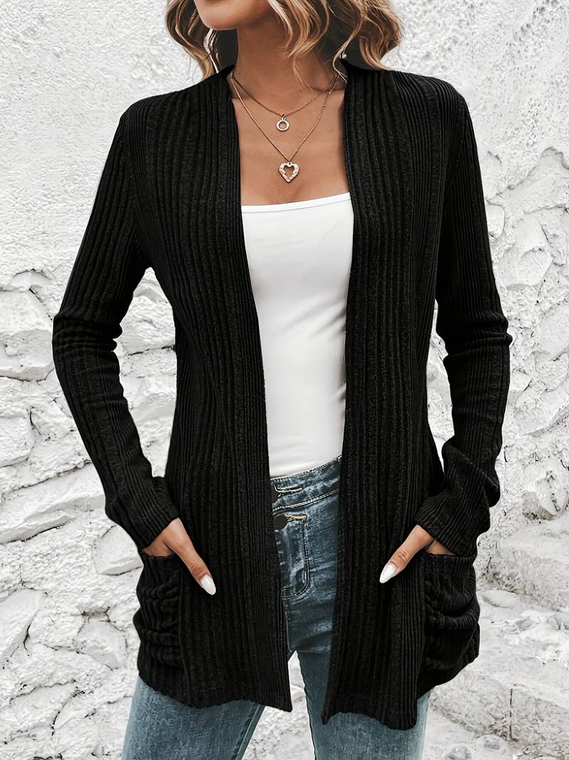 GR | Langärmliger Strickjacke Mit Offener Vorderseite Und Zwei Taschen