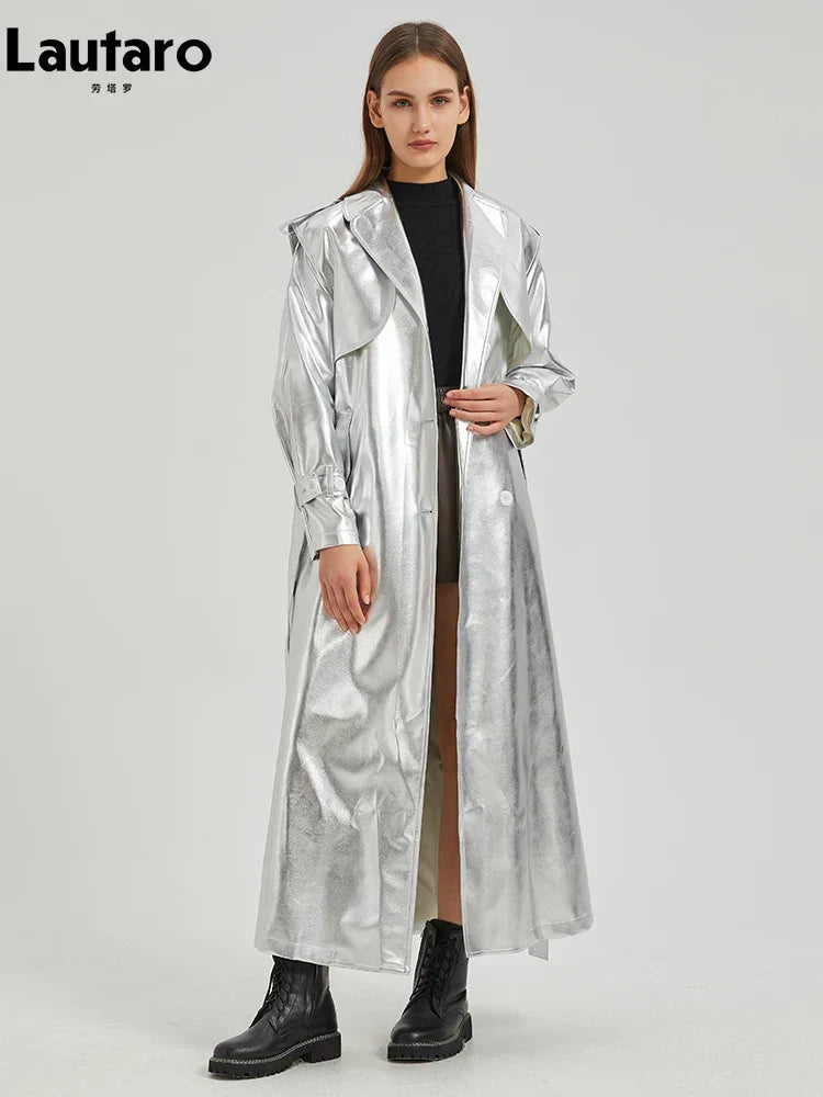 GR | Lautaro Autumn Extra Long Gold Shiny Patent PU Leather Trench Coat for Women Simple Buckle Luxury Designer Overcoat