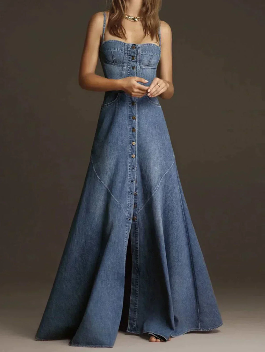 GR | Vintage Denim Spaghetti Strap Dress with Square Collar
