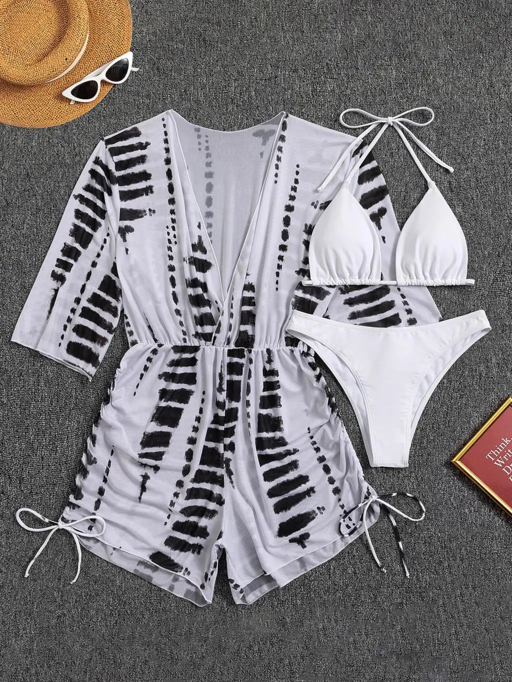 GR | 3-Piece Bikini Tropical Print Swimwear Halter Lace-Up Side Swimsuit Women's Bathing Suit Female Swimming Summer Beachwear
