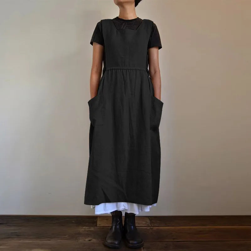 GR | Linen and cotton blend pinafore dress with pockets for women, Pensacola