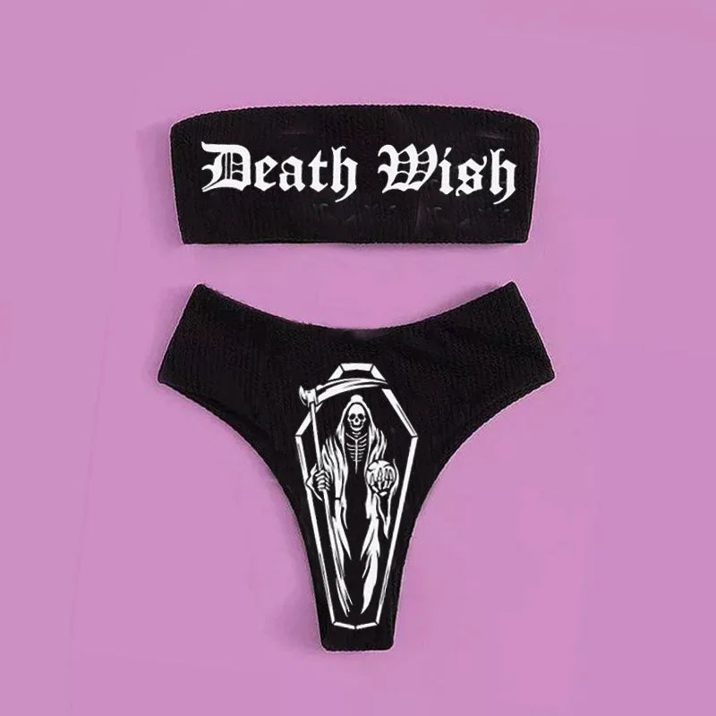 GR | Sexy Goth Bikini Women's Letter Skull Print Swimsuit Split Swimsuit High Waist Gothic Bikini Set Beach Outfits