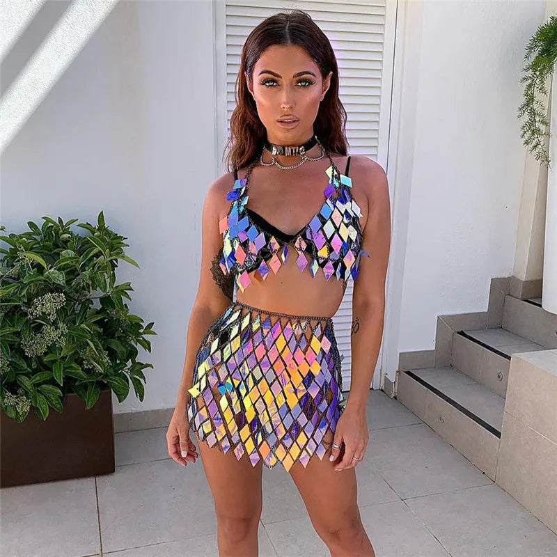 GR | Statement Pailletten Patchwork Crop Top 2 Teilig Rock Set