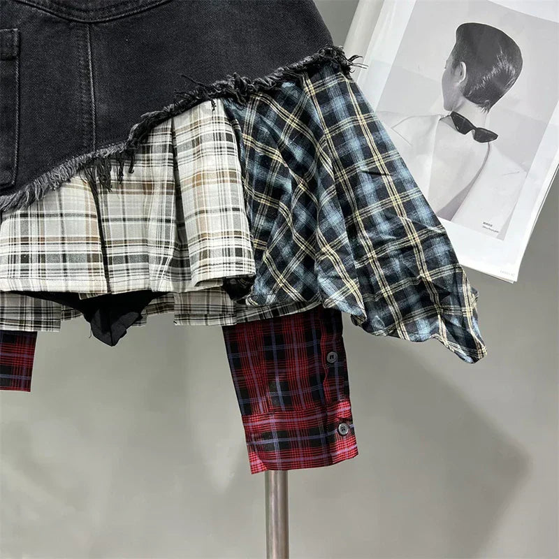 GR | Jahrgang Unregelmäßig Patchwork Kariert Röcke Denim Kurz für Frauen Hohe Taille Eingewickelt Hüfte Mini Rock Sommer Weiblich