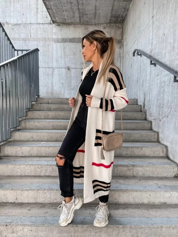 GR | Lange gestreifte Strickjacke für Damen