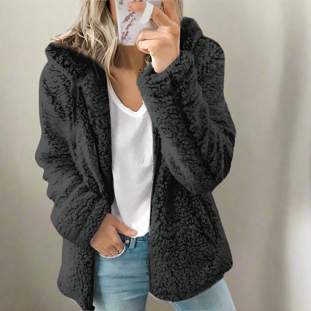 GR | Women's Teddy Fleece Jacket with Hood - Soft Winter Jacket with Zipper