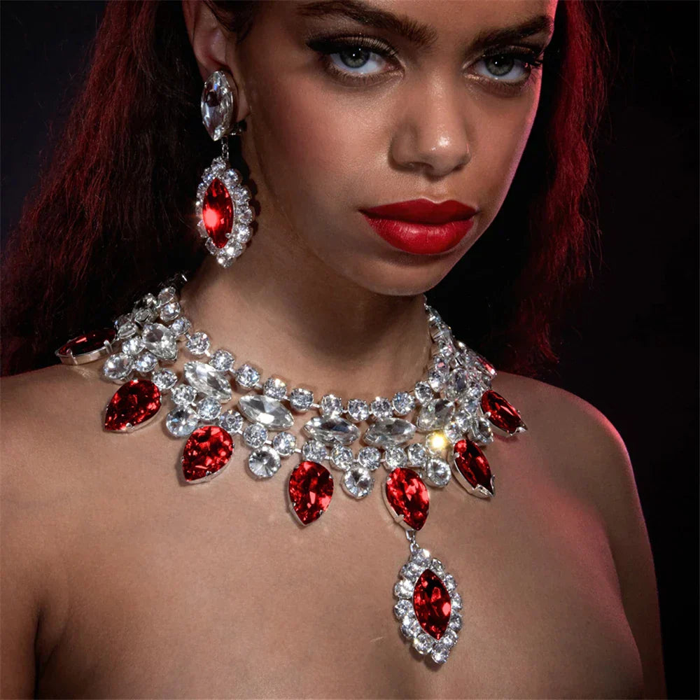 GR | Boho Silver Luxury Rhinestone Water Drop Pendant Choker for Women Sexy Crystal Neck Collar Statement Necklace Jewelry Accessory