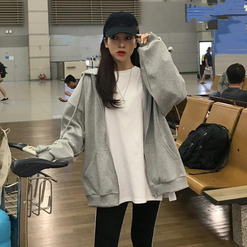 GR Zip-up Oversized Solid Pocket Hooded Long Sleeve Loose Baseball Jacket